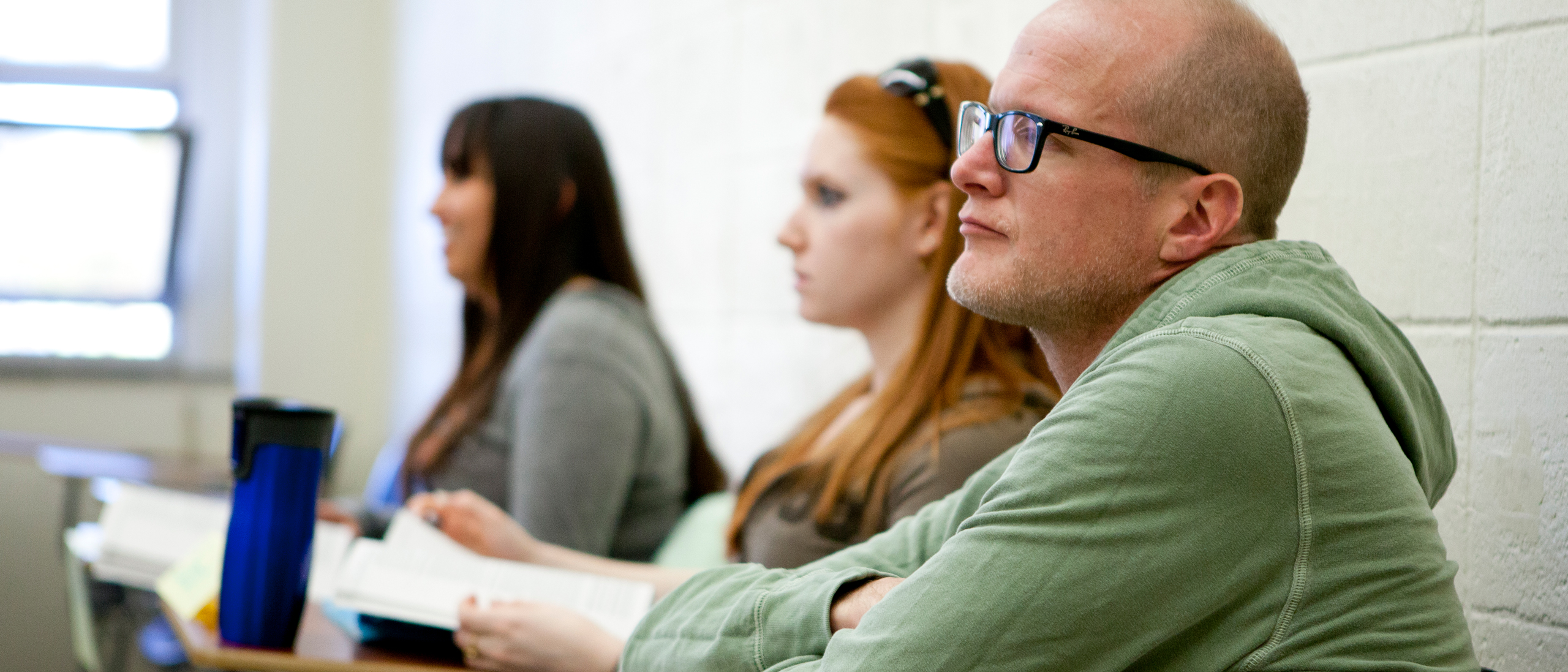 Students in a classroom in Blake Hall on the Lawrence Campus