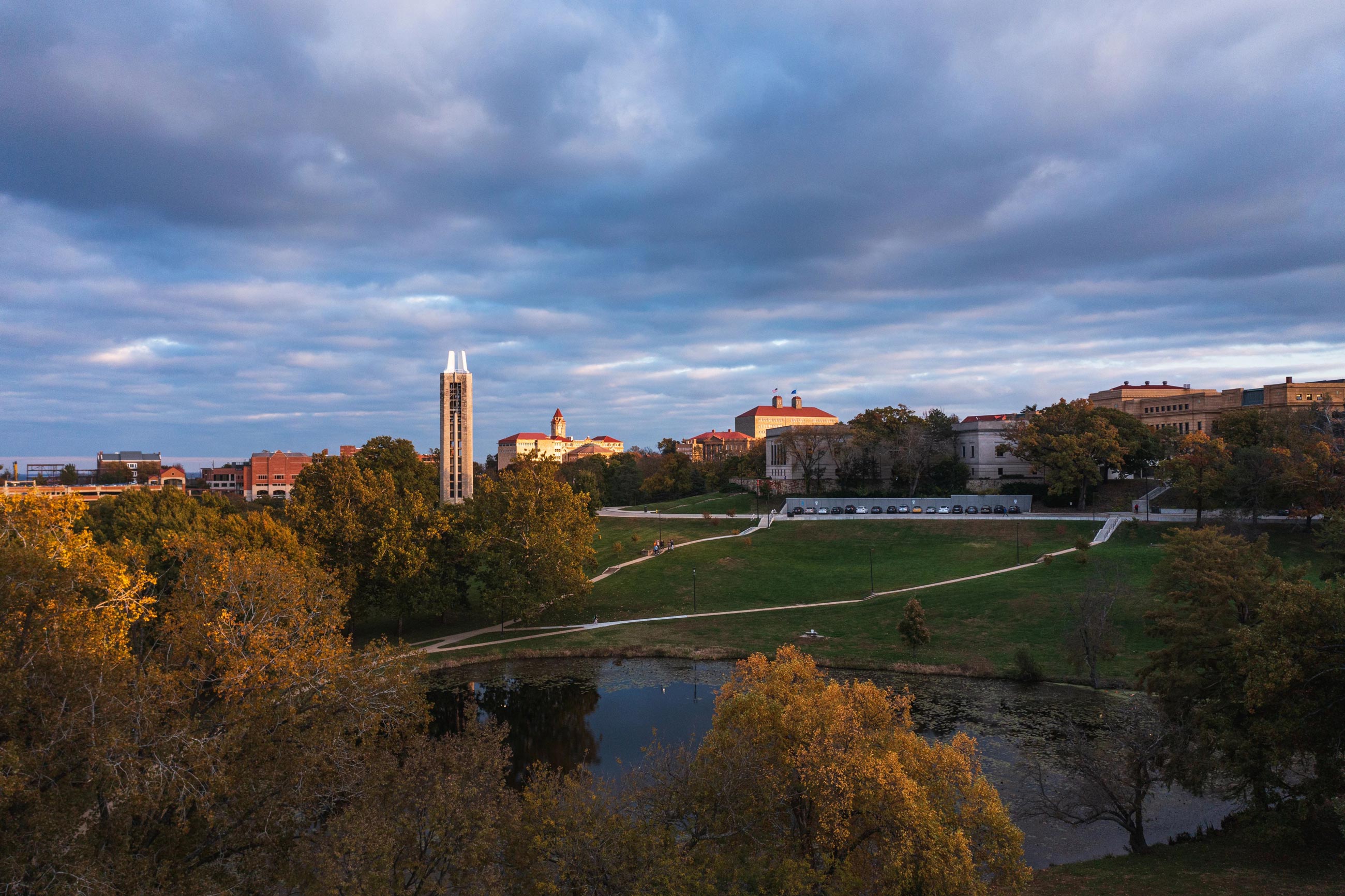 KU campus aerial view in fall