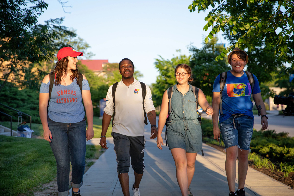 A group of KU students walks across campus